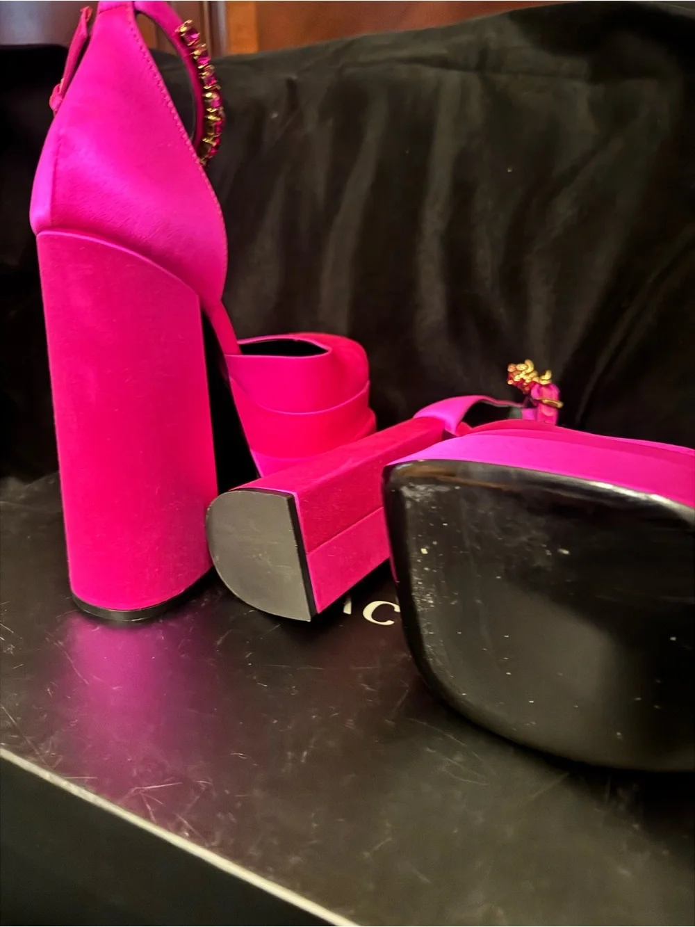 Versace Hot Pink Satin Platform Ankle-Strap Heels with Gold Bead Charm
